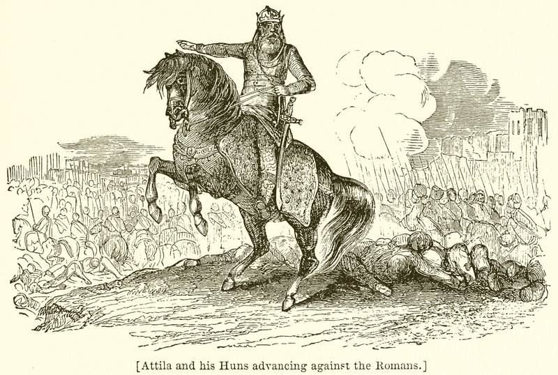 Attila en zijn Hunnen die Tegen de Romeinen Oprukken door English School