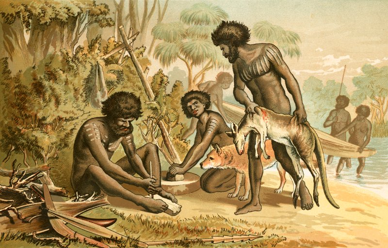 Australische Aboriginals bereiden een maaltijd door English School