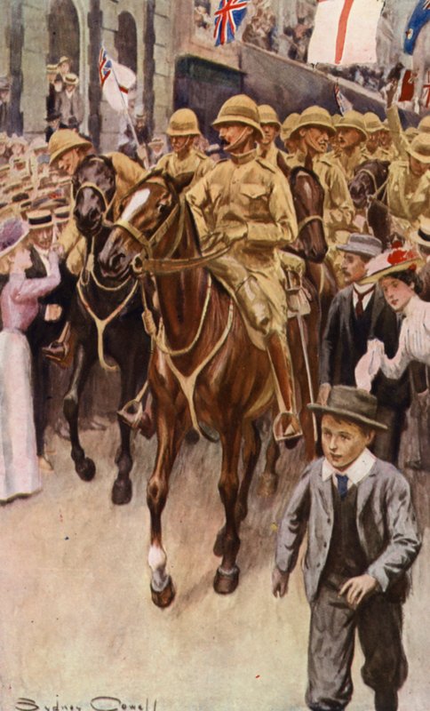 Australisch contingent verlaat Sydney voor Zuid-Afrika (kleurenlitho) door English School