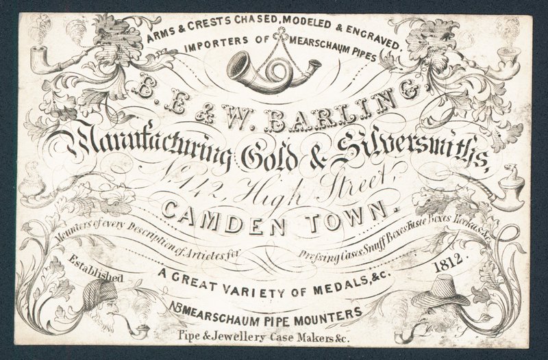 B E & W Barling, fabrikanten van goud en zilversmeden, handelskaart door English School