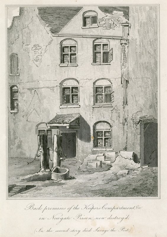 Achterkant van de Bewaardersafdeling in Newgate Gevangenis. Op de tweede verdieping stierf de dichter Richard Savage door English School
