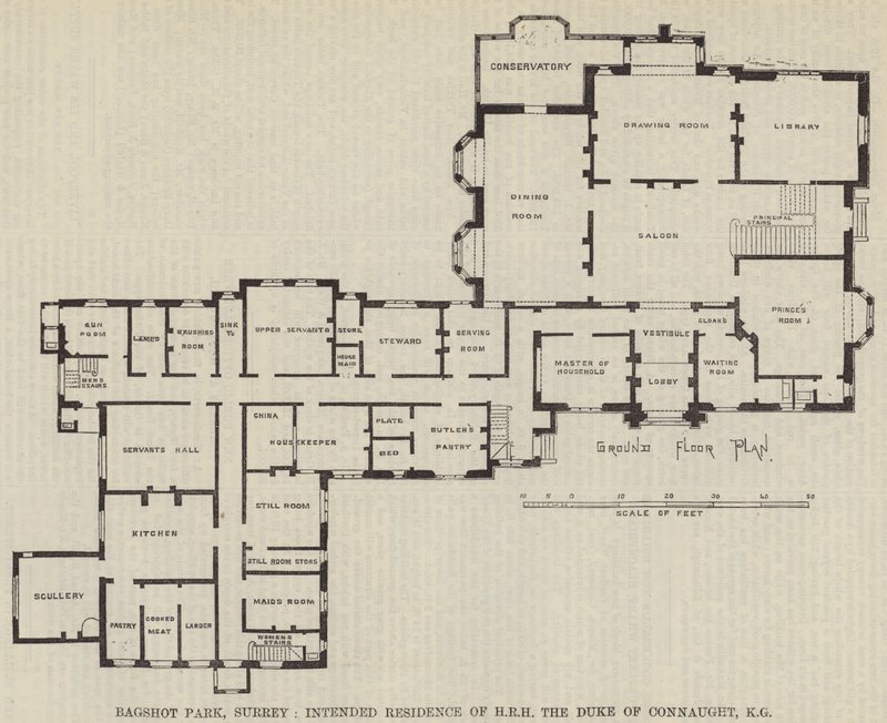 Bagshot Park, Surrey, Voorgenomen residentie van ZKH de Hertog van Connaught, KG (gravure) door English School