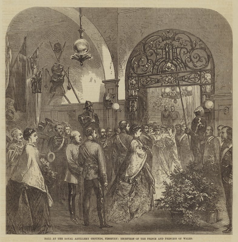 Bal op de Royal Artillery Grounds, Finsbury, ontvangst van de Prins en Prinses van Wales (gravure) door English School