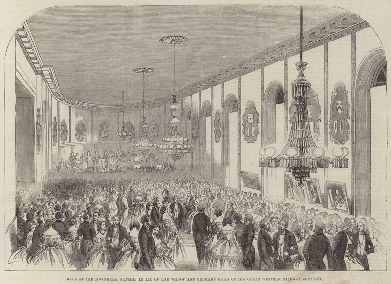 Bal in het stadhuis, Oxford, ten behoeve van het weduwe- en wezenfonds van de Great Western Railway Company (gravure) door English School