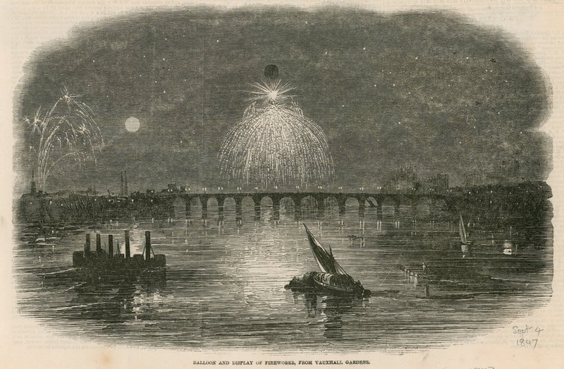 Ballon en vuurwerkshow, Vauxhall Gardens, Londen door English School