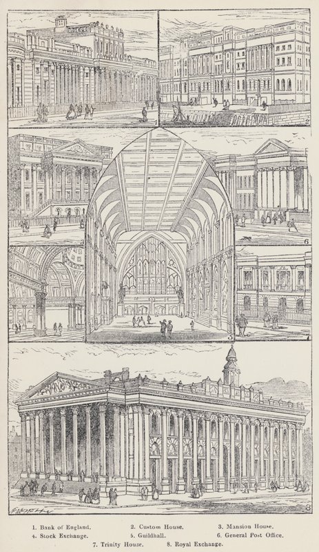 Bank of England, Douanehuis, Mansion House, Beurs, Stadhuis, Hoofdpostkantoor, Trinity House, Koninklijke Beurs (gravure) door English School