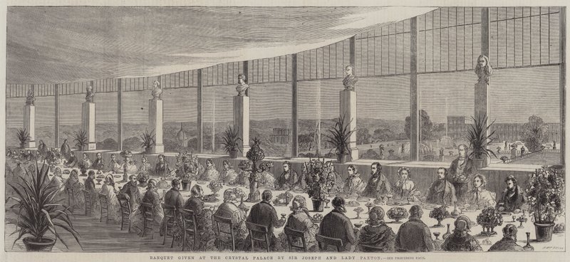 Banket gegeven in het Crystal Palace door Sir Joseph en Lady Paxton (gravure) door English School