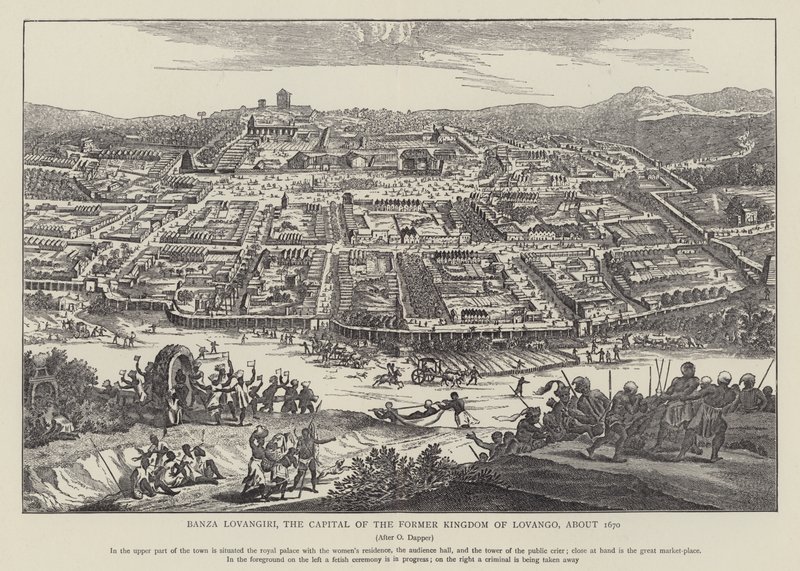 Banza Lovangiri, de hoofdstad van het voormalige koninkrijk Lovango, circa 1670 door English School