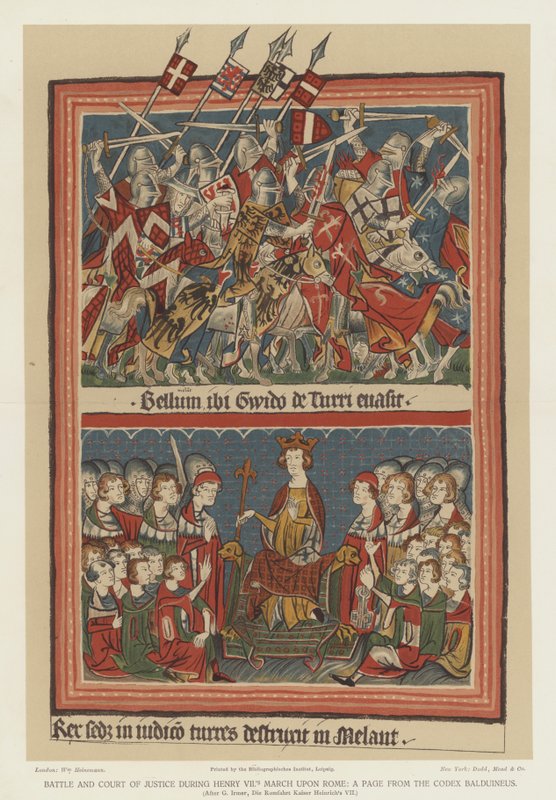Slag en gerechtshof tijdens de mars van Hendrik VII naar Rome (kleur litho) door English School