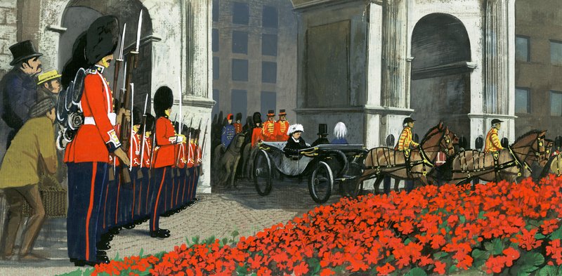 Bedden van geraniums in de dagen van Victoria door English School
