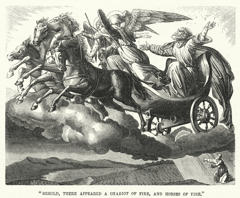 "Zie, er verscheen een vurige wagen en vurige paarden" (gravure) door English School