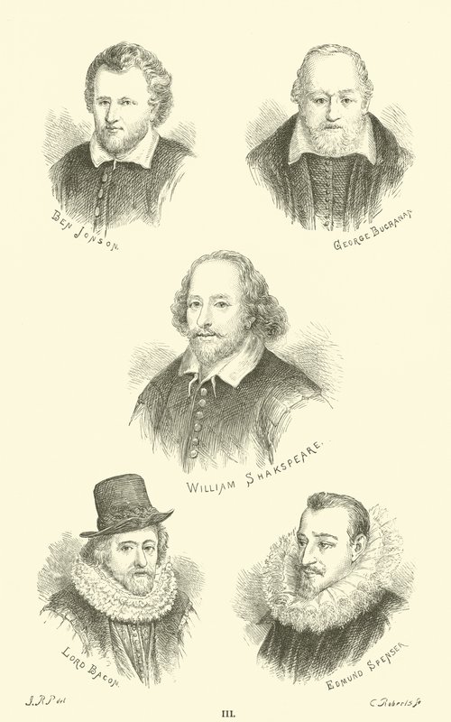 Ben Jonson, George Buchanan, William Shakespeare, Lord Bacon, Edmund Spenser door English School
