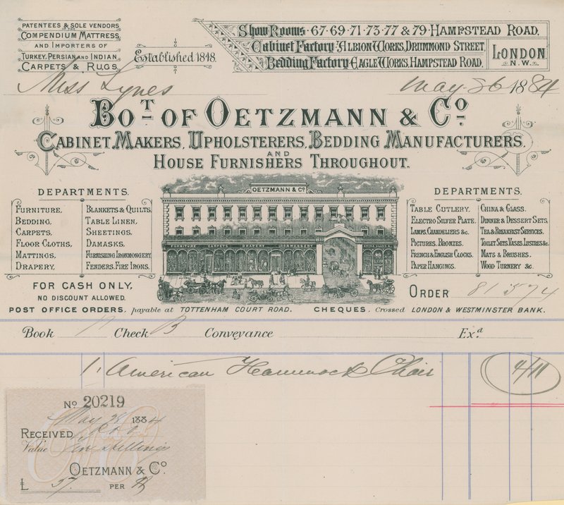 Rekening van Oetzmann & Co, meubelmakers, stoffeerders, beddenfabrikanten en woninginrichters door English School
