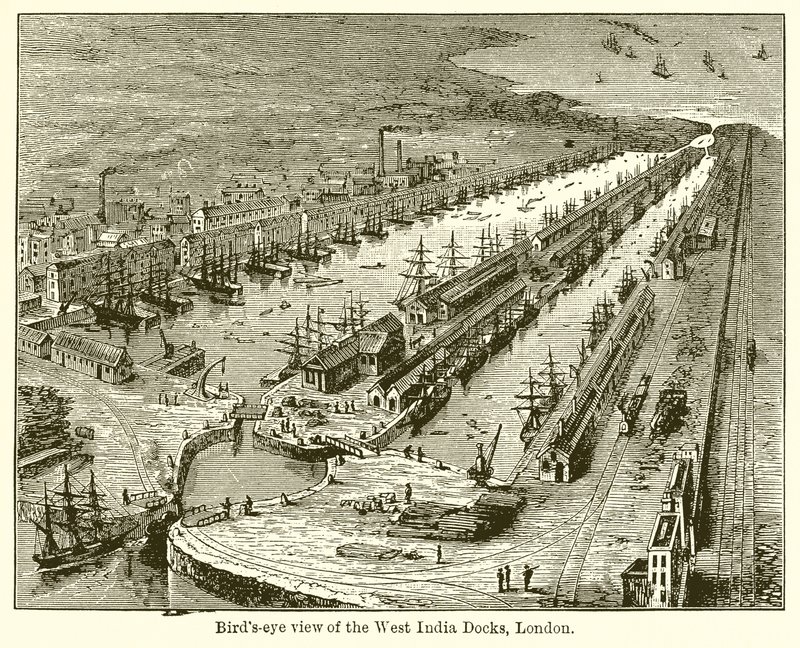 Vogelvlucht van de West India Docks, Londen door English School