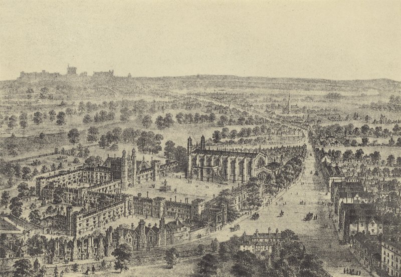 Vogelperspectief van Eton en Windsor (gravure) door English School