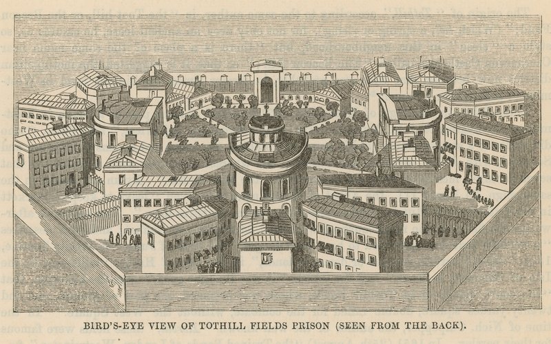 Vogelvlucht van Tothill Fields Prison door English School