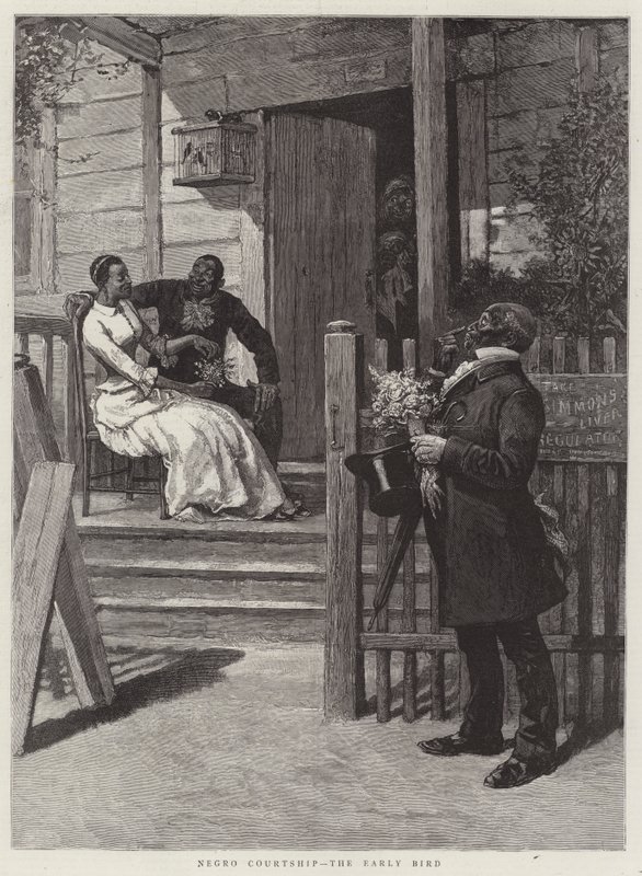 Zwarte Hofmakerij, de Vroege Vogel (gravure) door English School