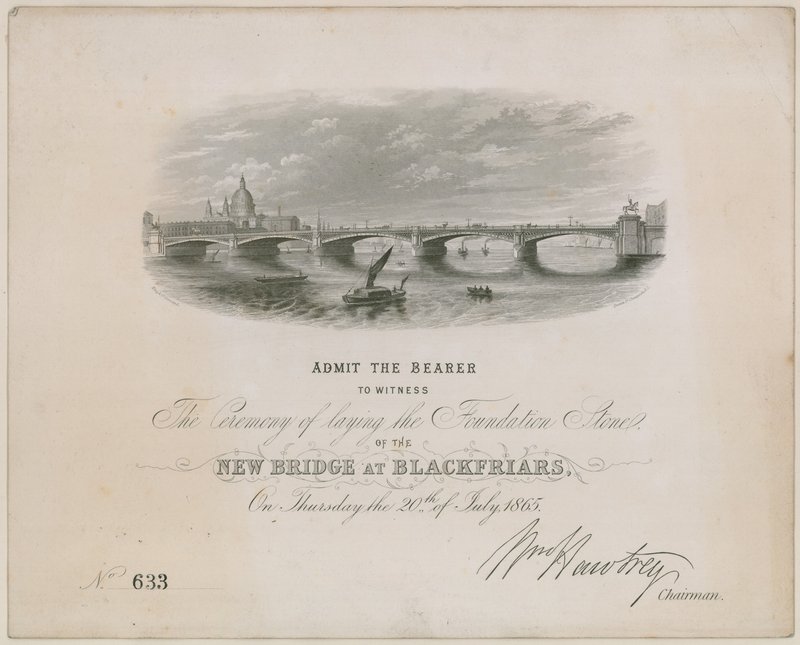 Blackfriars Brug. Uitnodiging voor ceremonie voor het leggen van de eerste steen, 20 juli 1865 door English School