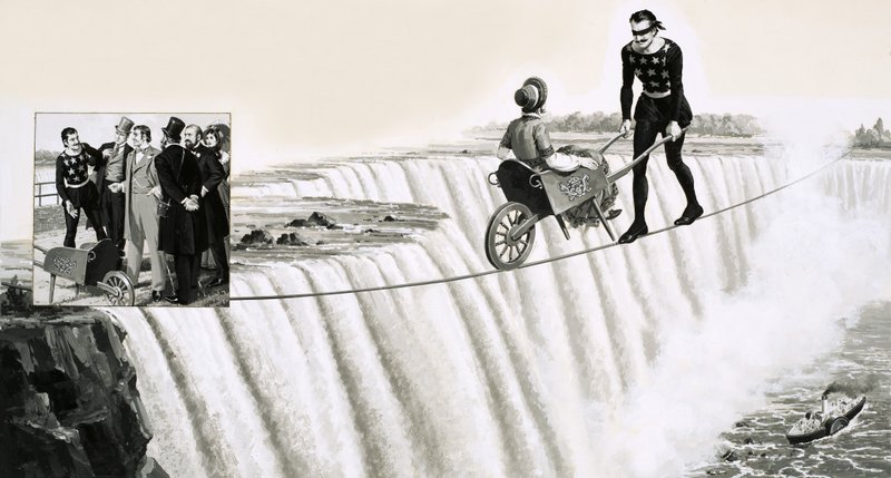Blondin (Francois Gravelet) duwt een kruiwagen over een koord over de Niagarawatervallen door English School