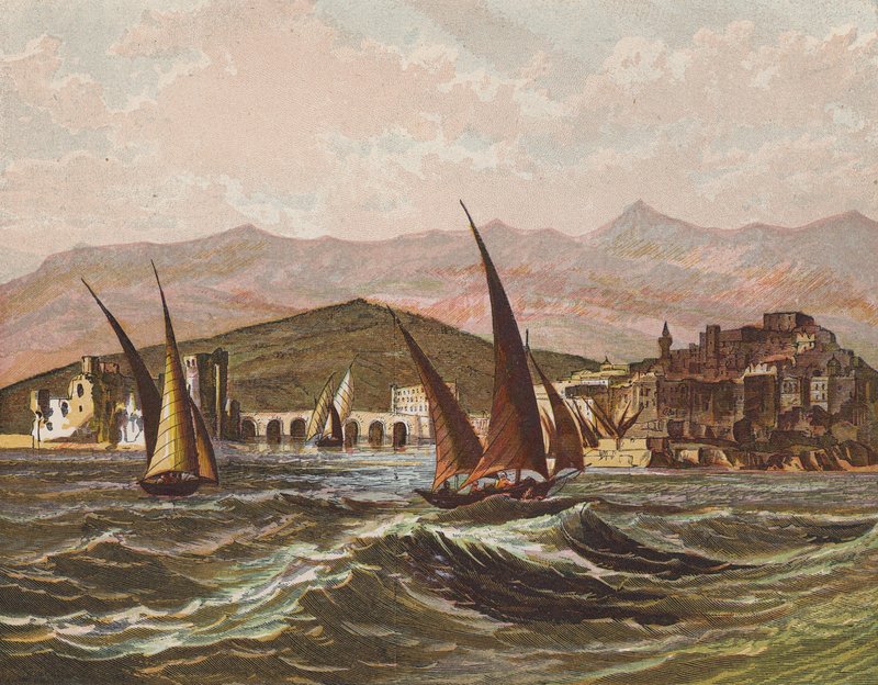 Boten die voor de kust van het Heilige Land varen door English School