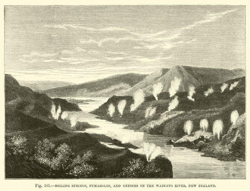 Kokende bronnen, fumarolen en geisers aan de Waikato-rivier, Nieuw-Zeeland door English School