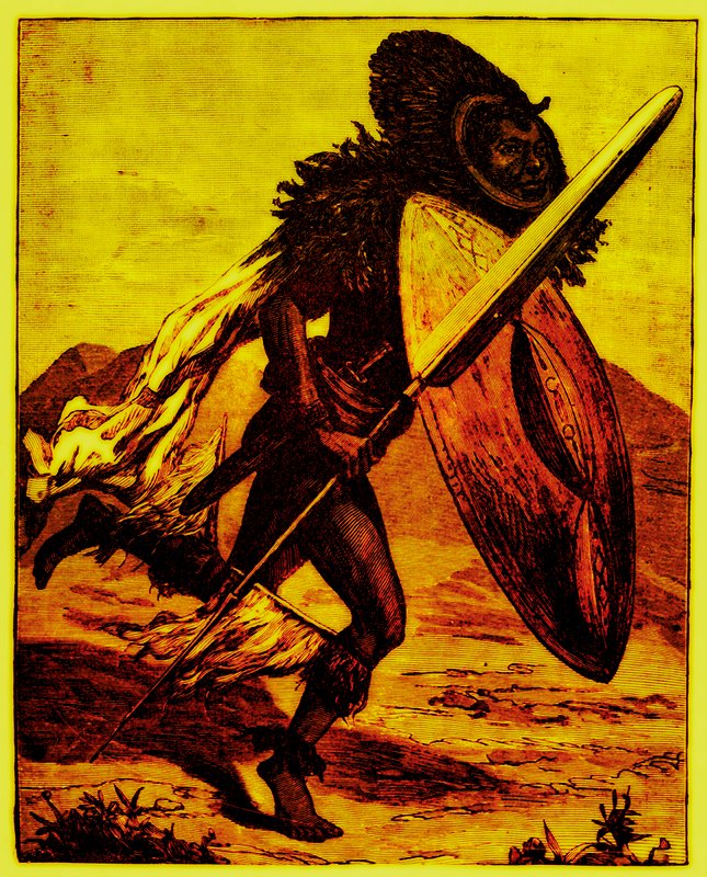 Bongo krijger, illustratie uit The Story of Man door J. W. Buel, gepubliceerd 1889 door English School