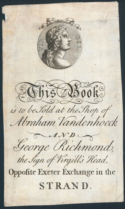 Boekplaat, dit boek wordt verkocht in de winkel van Abraham Vandenhoeck en George Richmond door English School