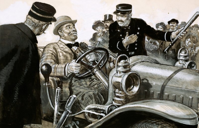 Bokser Jack Johnson aan het stuur van een raceauto door English School