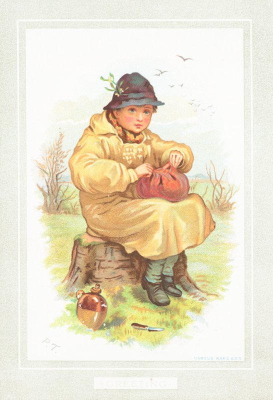 Jongen staat op het punt om te lunchen op het platteland, Kerstkaart door English School