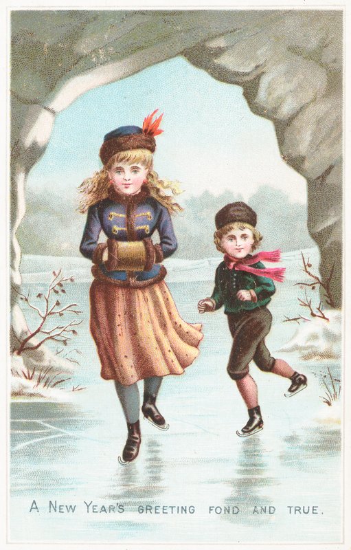 Jongen en meisje schaatsen, Nieuwjaarskaart door English School