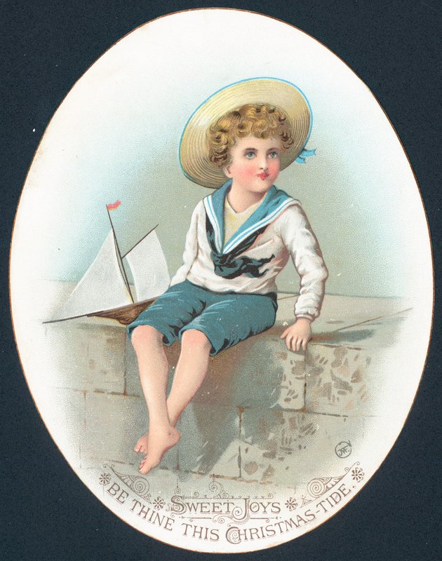 Jongen in matrozenpak met speelgoedjacht, kerstkaart door English School