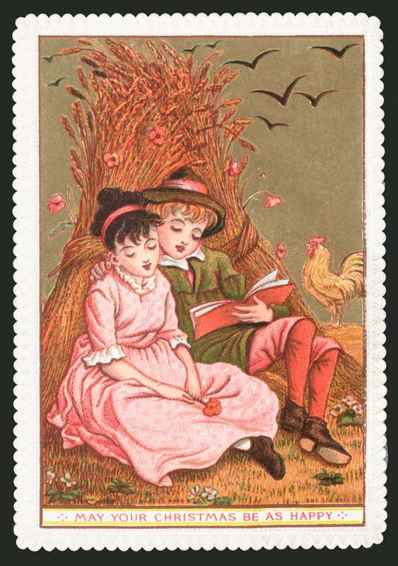 Jongen leest Boek voor aan Meisje in het Veld, Kerstkaart door English School