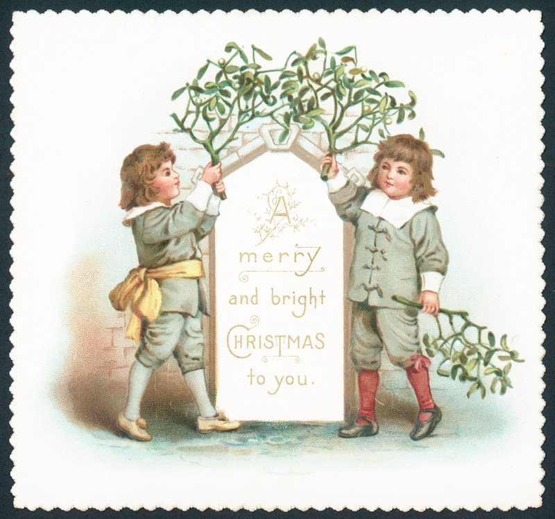 Jongens hangen maretak aan bord, kerstkaart door English School