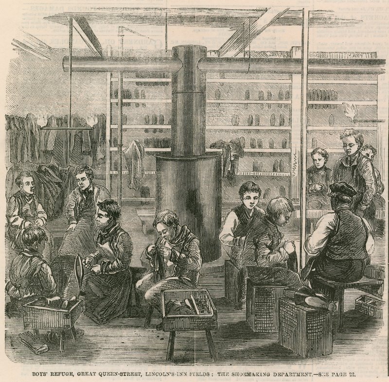 Jongensopvang, Great Queen Street, Lincolns Inn Fields, Londen - de schoenmakerij door English School
