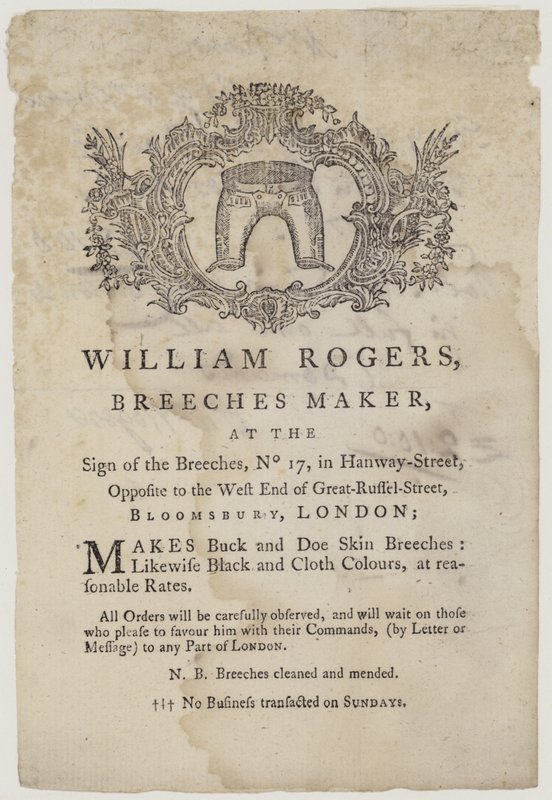 Broekmakers, William Rogers, handelskaart door English School