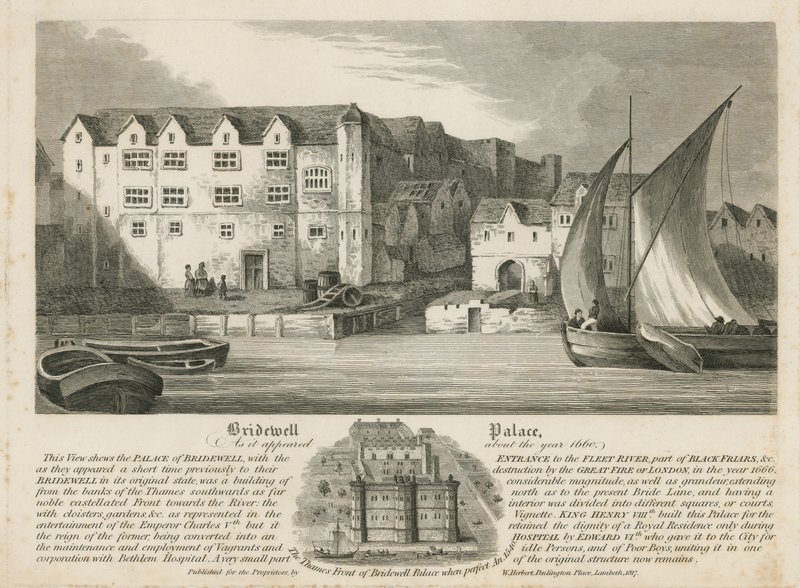 Bridewell Palace zoals het eruitzag rond het jaar 1660 door English School