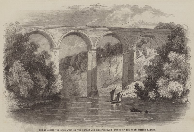 Brug over de rivier de Wear op de Durham en Bishop-Auckland tak van de Noordoostelijke Spoorweg (gravure) door English School