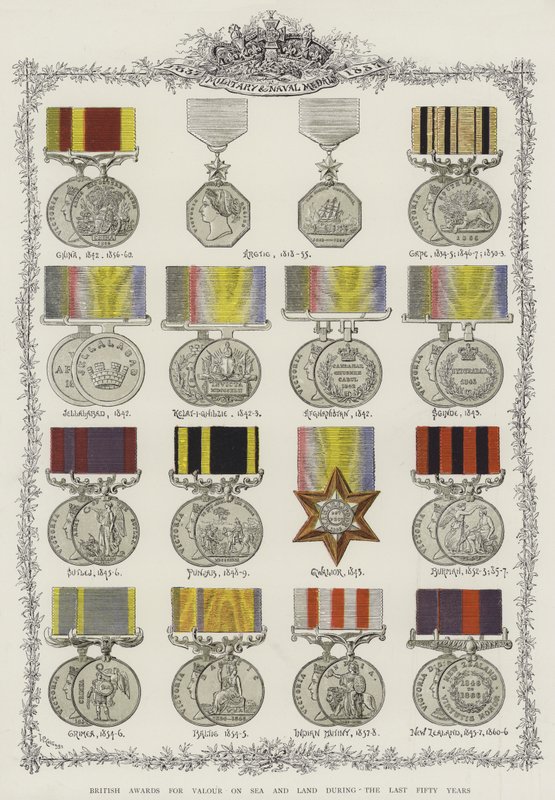Britse onderscheidingen voor moed op zee en land gedurende de laatste vijftig jaar (chromolitho) door English School