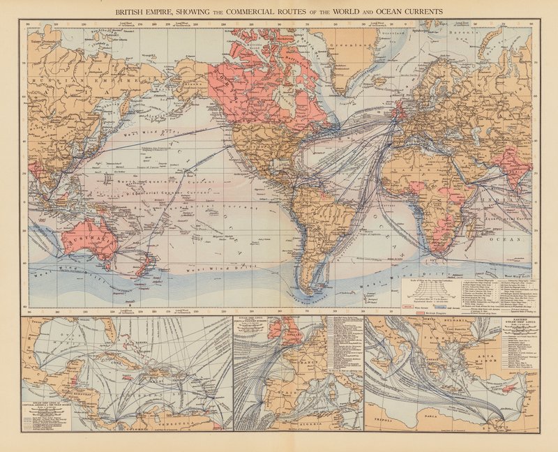 Britse Rijk, met de handelsroutes van de wereld en oceaanstromen door English School