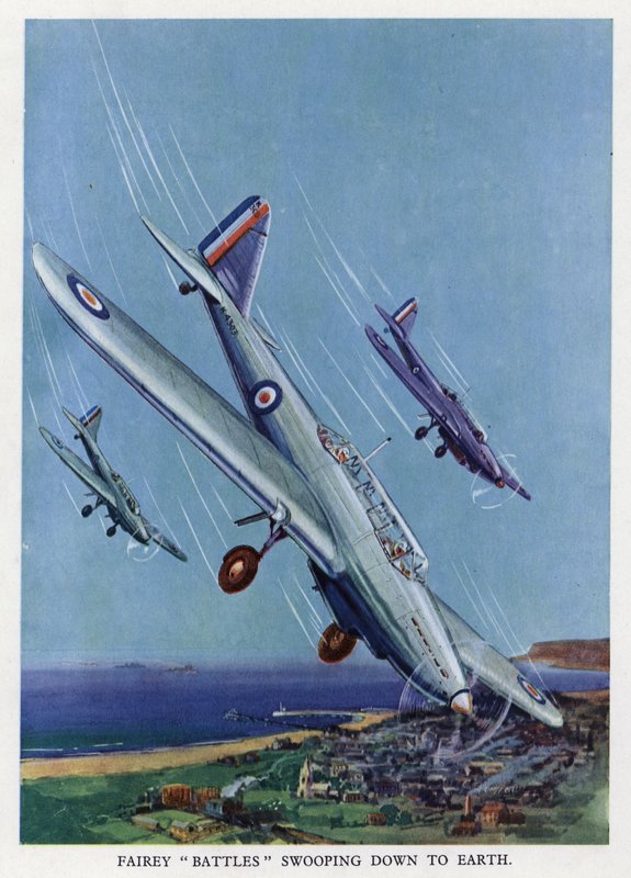 Britse Fairey Battle lichte bommenwerpers duiken naar de grond door English School