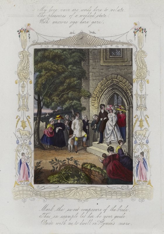 Britse Valentijnskaart met een afbeelding van een bruiloftsfeest dat een kerk verlaat door English School