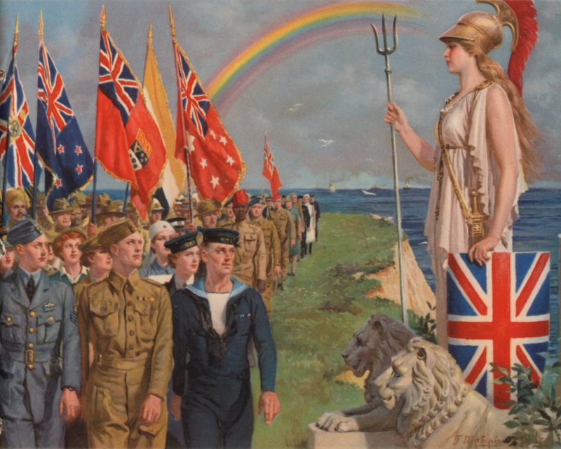Britse en Empire militaire personeel en burgers betrokken bij de oorlogsinspanning paraderen voor Britannia door English School