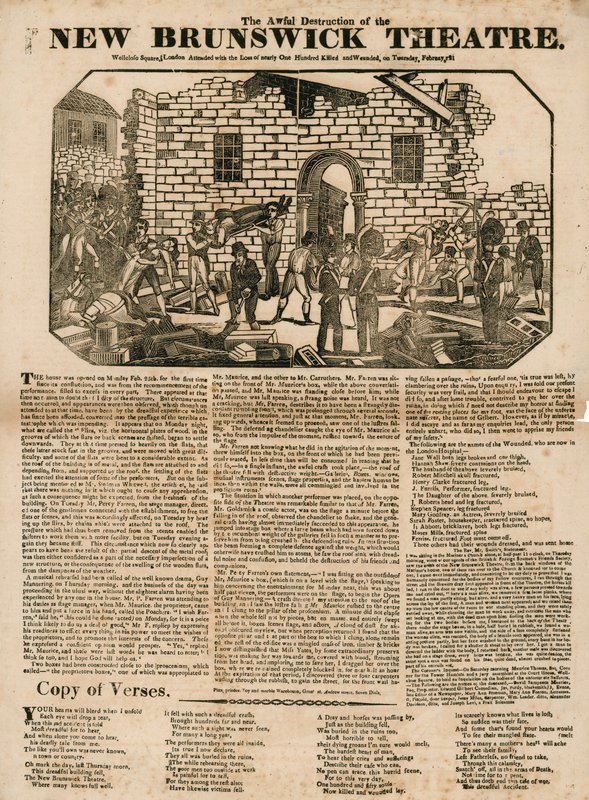 Broadsheet met De verschrikkelijke vernietiging van het New Brunswick Theater, Wellclose Square, Londen door English School