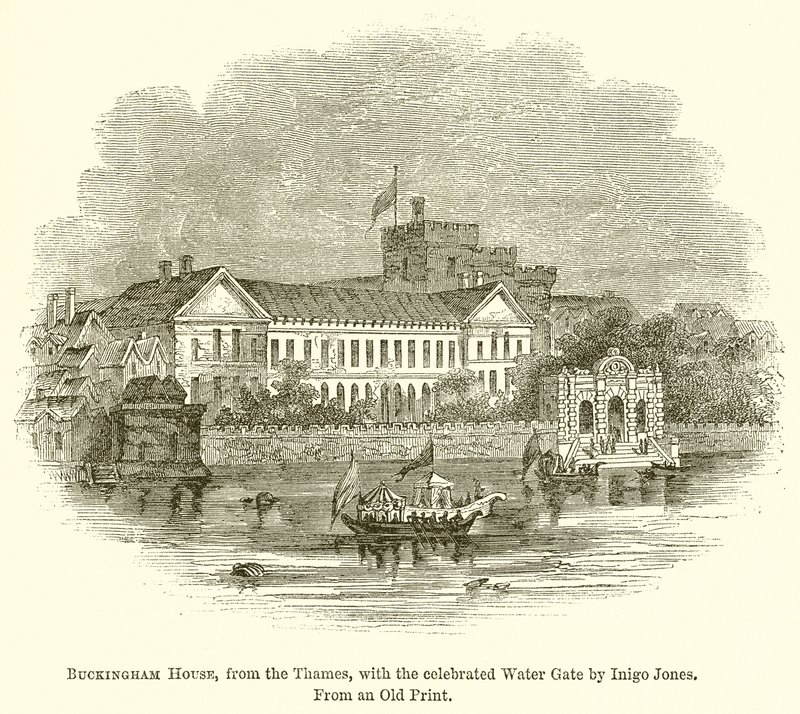 Buckingham House, vanaf de Theems, met de beroemde waterpoort door Inigo Jones door English School