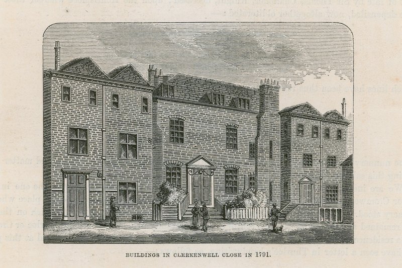 Gebouwen in Clerkenwell Close in 1791 door English School