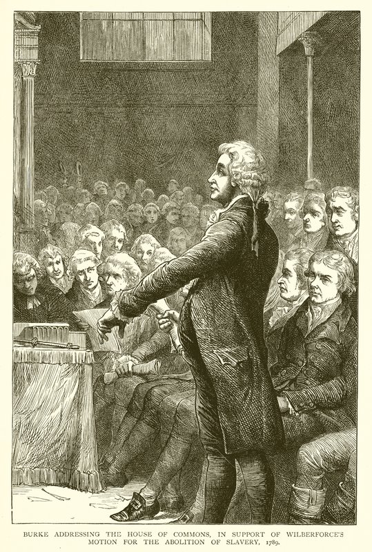 Burke spreekt het Lagerhuis toe ter ondersteuning van Wilberforce