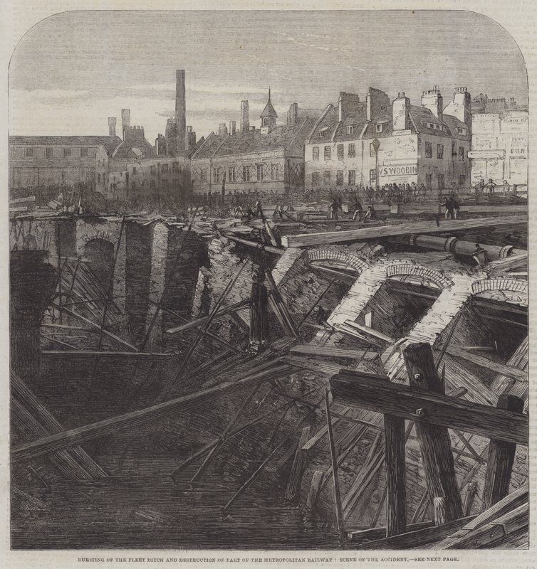 Barsten van de Fleet Ditch en vernietiging van een deel van de Metropolitan Railway, scène van het ongeluk door English School