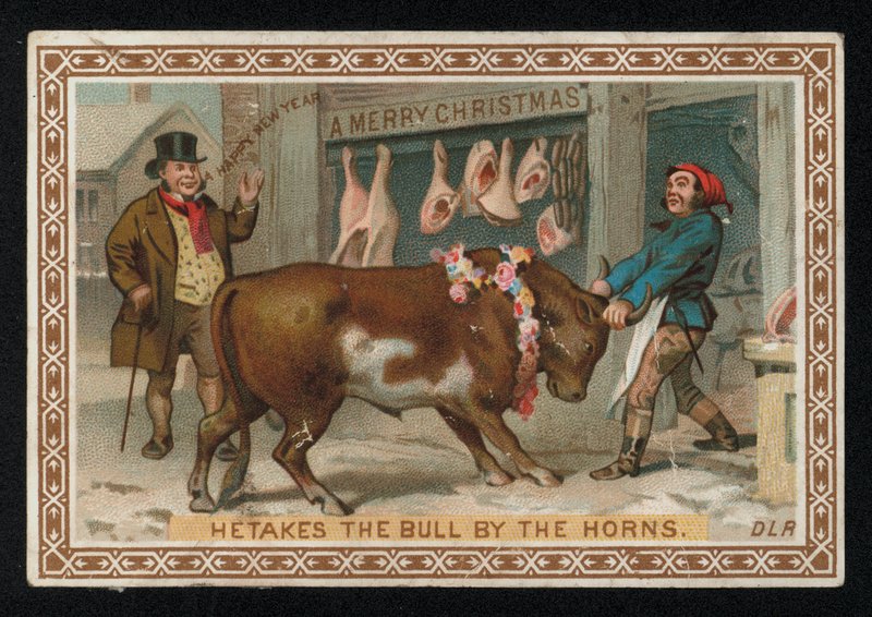 Slager trekt een stier zijn winkel in, kerstwenskaart door English School