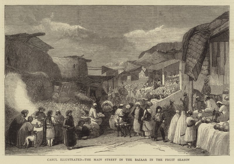 Cabul Geïllustreerd, de Hoofdstraat in de Bazaar in het Fruitseizoen (gravure) door English School