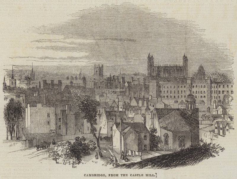 Cambridge, vanaf Castle Hill (gravure) door English School
